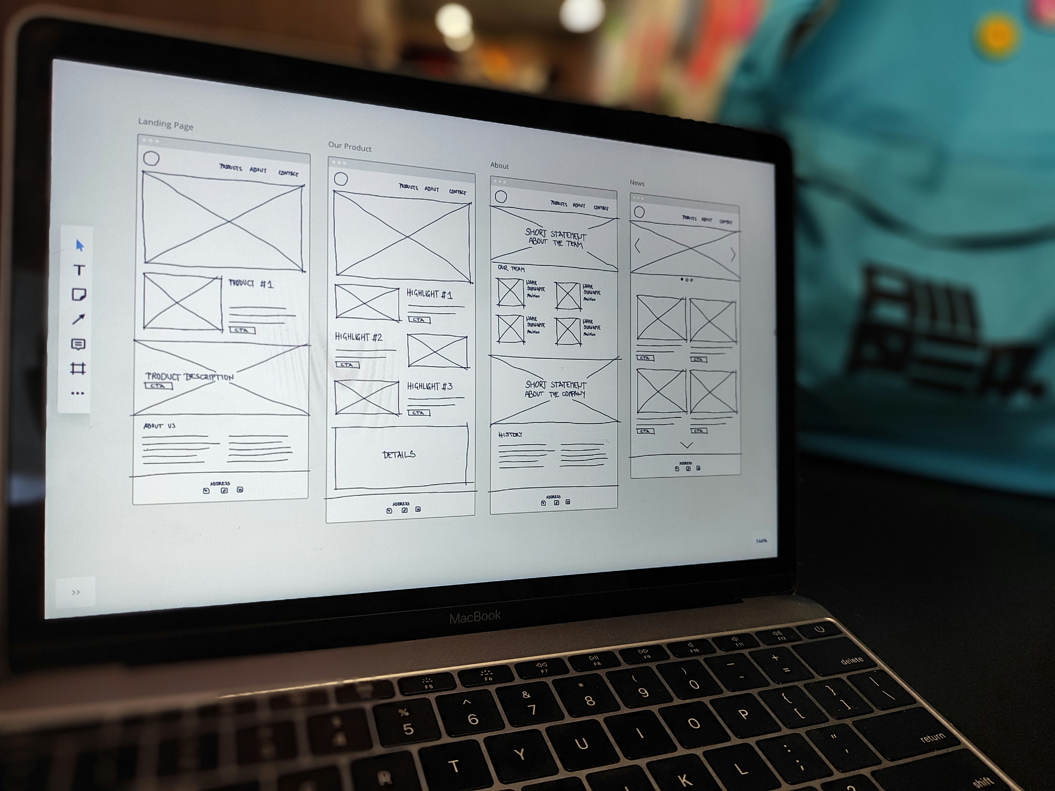 Design workspace with wireframes and code
